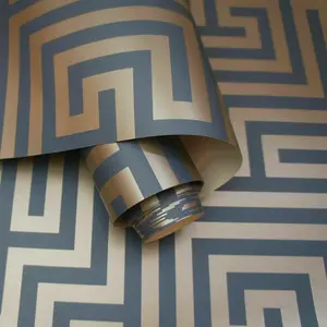 Holden Metallic Glistening Industrial Maze Geometric Geo Wallpaper Luxury Roll Navy Gold 12913