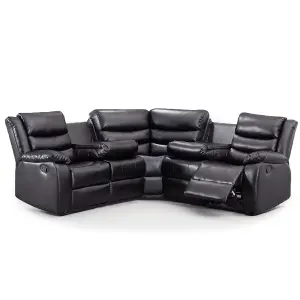 Minnesota Black Leather Reclining Corner Sofa 5 Seater Manual Recliner Comfortable Padded Arms