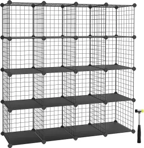 SONGMICS 16 Cube Metal Wire Storage Organiser, DIY Closet Cabinet and Modular Shelving Grids, Wire Mesh Shelves and Rack, Black