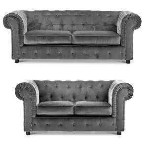 Ashbourne Chesterfield Grey Velvet Fabric Sofa Suite 3 Seater and 2 Seater Studded Design