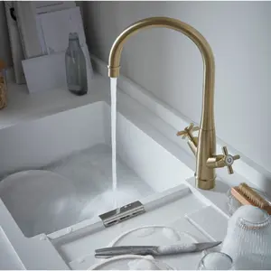 GoodHome Filbert Gold Brass effect Kitchen Twin lever Tap