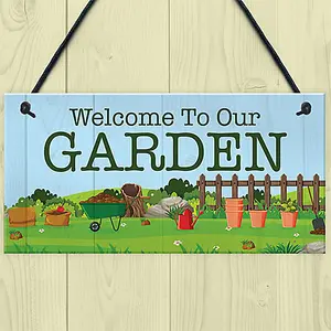 Red Ocean Welcome To Our Garden Sign Hanging Wall Door Shed Sign Gift For Him Her Home Decor Garden Plaques