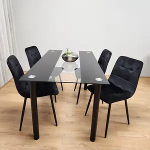 Black Clear Glass Dining Table With 4 Black Tufted Velvet Chairs Kitchen Dining Set