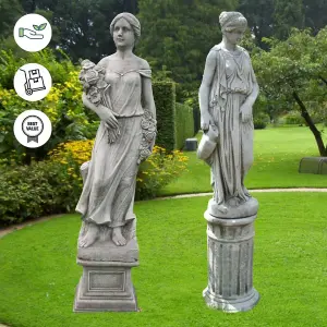 Large Female Statues Rose Lady and Girl with Jug on Pedestals