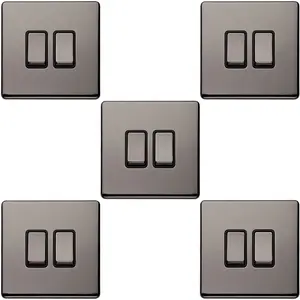 5 PACK 2 Gang Single Light Switch SCREWLESS BLACK NICKEL 2 Way 10A Slim Rocker