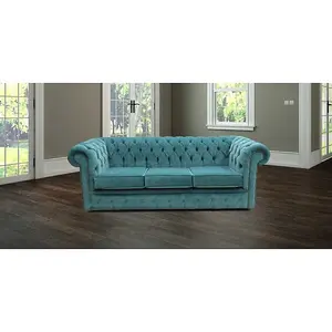 Chesterfield Handmade 3 Seater Sofa Settee Pimlico Teal Blue Fabric In Classic Style