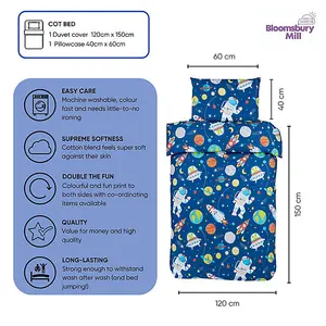 Bloomsbury Mill - Outer Space Toddler Cot Bed Duvet Cover and Pillowcase Set - Cot Bed - 150 x 120cm