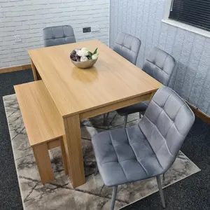 Dining Table and 4 Chairs With Bench Oak Effect Wood 4 Grey Velvet Chairs Dining Room