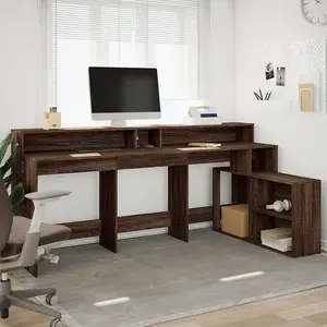 Berkfield Desk with LED Lights Brown Oak 200x104x91 cm Engineered Wood