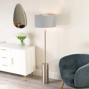 ValueLights Lexy Brushed Chrome Rotary Dimmer Switch Floor Lamp with Grey/Chrome Shade