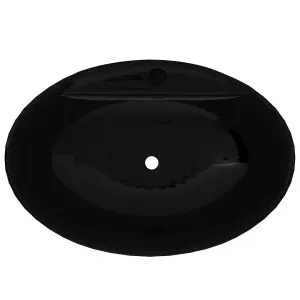 Ceramic Bathroom Sink Basin Faucet/Overflow Hole Black Oval