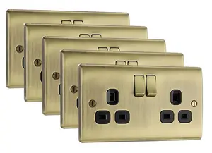 BG Nexus NAB22B 13A Switched Double Plug Socket 2 Gang  Decorative Metal Power Outlet with Antique Brass Finish - Pack of 5