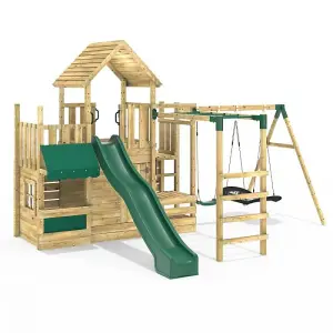 Rebo Modular Wooden Climbing Frame Playset - M25 Swings, Monkey Bars & Den