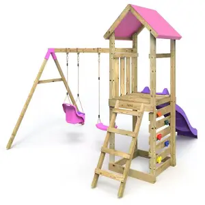 Rebo Adventure Wooden Climbing Frame, Swing Set and Slide - Rainier Pink