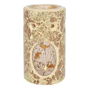 Gold Glass Pillar Shaped Oil, Wax Melt Burner. Mirrored Crackle Effect. H14.5 cm