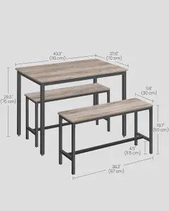 VASAGLE Dining Table with 2 Benches, 3 Piece Set, Kitchen Table, 2 Benches, Steel Frame, Heather Greige and Ink Black