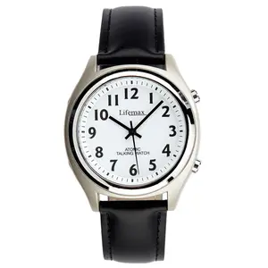 Womens Talking Atomic Watch - Radio Controlled Wristwatch with Audible Time & Date in UK Voice, Round Face & Black Leather Strap