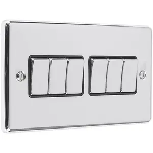 6 Gang Multi Light Switch POLISHED CHROME 2 Way 10A BLACK Trim & Metal Rocker