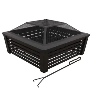 35" Square Outdoor Fire Pit, Mesh Screen Lid, Black - DG43