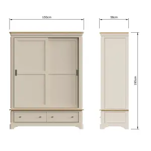 2 Door 2 Drawer Sliding 1.5M Combination Wardrobe Putty Painted Oak