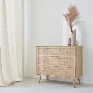 sweeek. 3-drawer chest with wood and cane effect Boheme Natural 90x39x79 cm