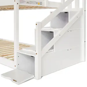 Bunk Bed Storage Children Cabin Bed Single Bed with Window for Kids, Twin Sleeper 190x90 cm, Solid Pine Wood, 3FT, White