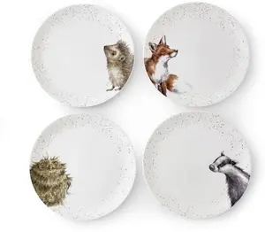 Wrendale Designs Royal Worcester Ceramic Plate In Two Sizes Hedgehog Badger Fox And Owl Set Of 4 (26 cm Dinner Plate)