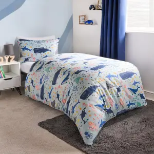 Duvet Cover Set Under The Sea Quilt Pillowcase Reversible Bedding, Blue - Junior