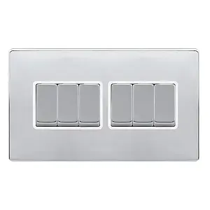 Polished Chrome Screwless Plate 10A 6 Gang 2 Way Ingot Light Switch - White Trim - SE Home