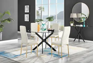 Furniturebox UK Novara Black Leg 120cm Round Glass Dining Table & 4 Cream Velvet Milan Gold Leg Chairs