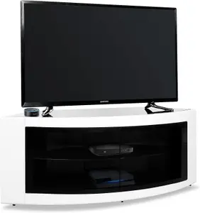 Homeology PANGEA Gloss White Curved Tru-Corner Black Beam-Thru Doors up to 50" TV Cabinet