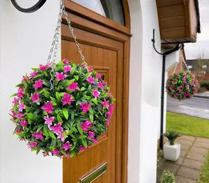 Best Artificial 28cm Pink Lily Hanging Basket Flower Topiary Ball - Suitable for Outdoor Use - Weather & Fade Resistant