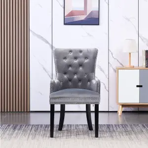 Single Windsor Knocker Back Dining Chairs Velvet Dining Room Chair w/ Armrest, Dark Grey