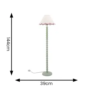 ValueLights Bobbles Sage Green Bobbin Floor Lamp with Pink Trim Scallop Shade - LED Bulb Included