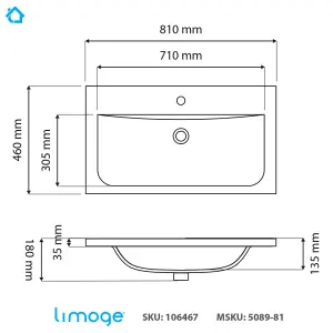 5089 Ceramic 80cm x 45cm Thin-Edge Inset Basin with Dipped Bowl