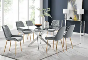 Furniturebox UK Leonardo 6 Dining Table and 6 Grey Pesaro Gold Leg Chairs