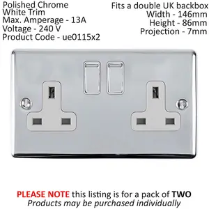 2 PACK 2 Gang Double UK Plug Socket POLISHED CHROME 13A Switched White Trim