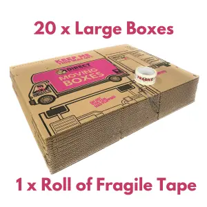 20 Strong Large Cardboard Storage Packing Moving House Boxes with Fragile Tape 52cm x 30cm x 30cm 47 Litres Carry Handles and Room