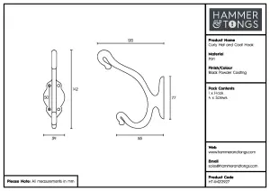 Hammer & Tongs - Curly Hat & Coat Hook - W40mm x H140mm - Black