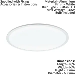 Flush Ceiling Light Colour White Shade Round White Plastic Bulb LED 30W Included