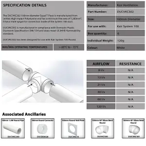 Kair Round Equal T-Piece 100mm - 4 inch Plastic Ducting Tee Junction Connector