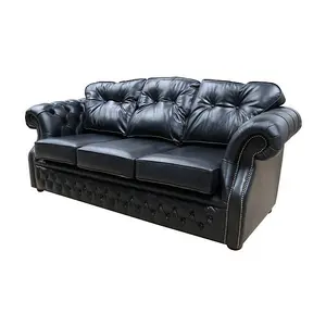 Chesterfield 3 Seater Old English Black Real Leather Sofa Bespoke In Era Style