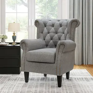 Grey Linen Upholstered Buttoned Back Nailhead Armchair Sofa Chair