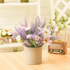 Artificial Lavender Potted Purple Flower Rustic Wood Planter Tabletop Decor 20cm (W)