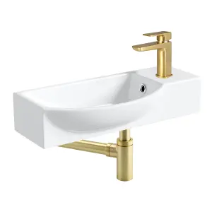 460mm Curved Wall Hung Basin Sink Including Brushed Brass Basin Tap, Waste & Bottle Trap