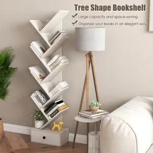 Costway 10 Tiers Tree Shaped Bookshelf Display Bookcase Storage Rack Shelves with Drawer