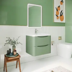 Wall Hung 2 Drawer Vanity Basin Unit with Polymarble Basin, 600mm - Satin Green