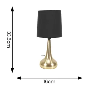 Pair - Brushed Gold Teardrop Touch Dimmer Table Lamps with Black Shade Bedside Light - LED Bulbs Included