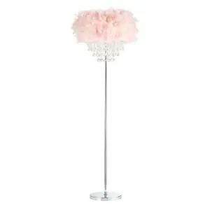 Modern Chandelier Style Pink Feather Floor Lamp with Waterfall Acrylic Droplets