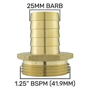 Solid brass pipe hosetails to male bsp thread for pumps,filters water features and fountains 25mm barb-1.25" bsp(41.9mm)